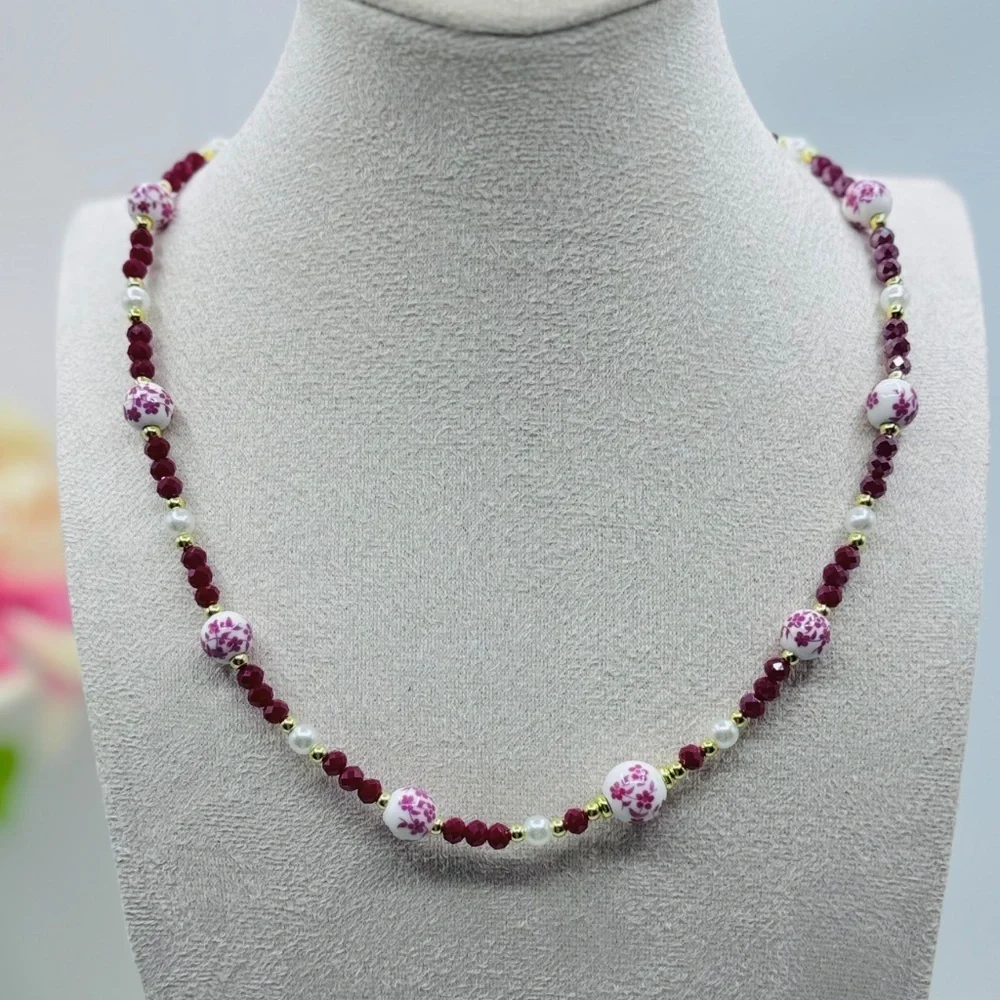 Ceramic Flower Beaded Necklace, Bohemian Style Necklace Pink